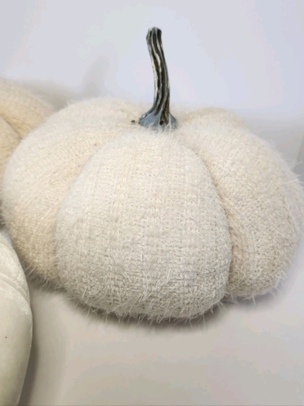 Cream Velvet And Knit Decorative Pumpkins with Stems - Grateful Tag - Picture 3 of 9